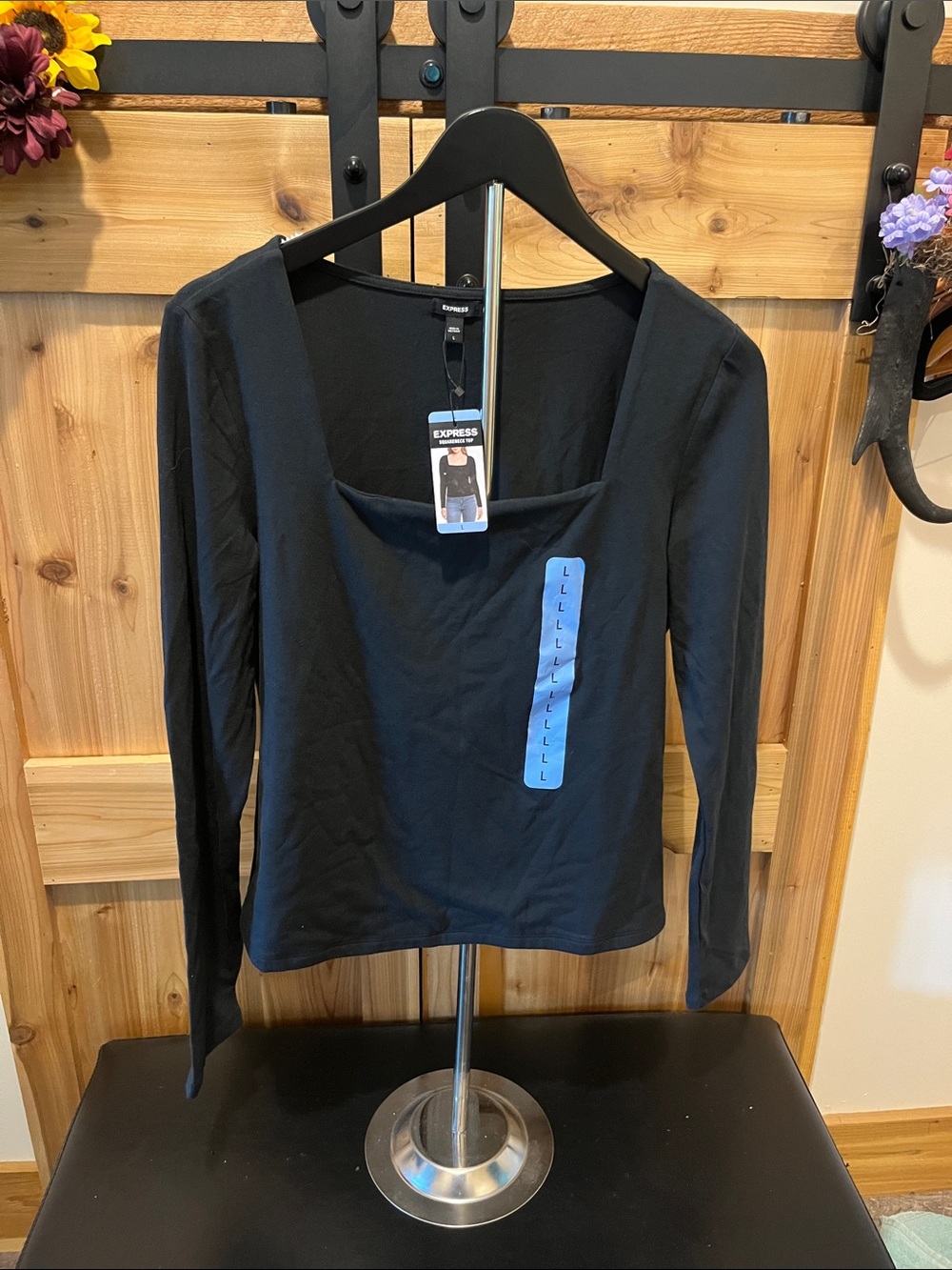 Express Black Long-Sleeve Square Neck Tee